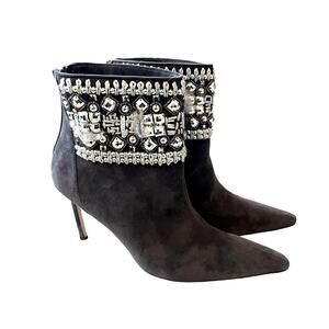 Manolo Blahnik 10 Beaded Crystal $1100 Suede Ankle Boots Western Gray 40.5